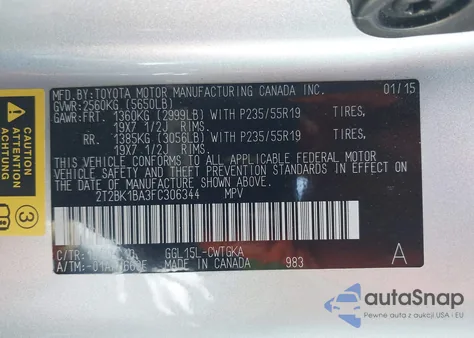 2015 Lexus Rx 350 z USA, uszkodzony, nr VIN 2T2BK1BA3FC306344